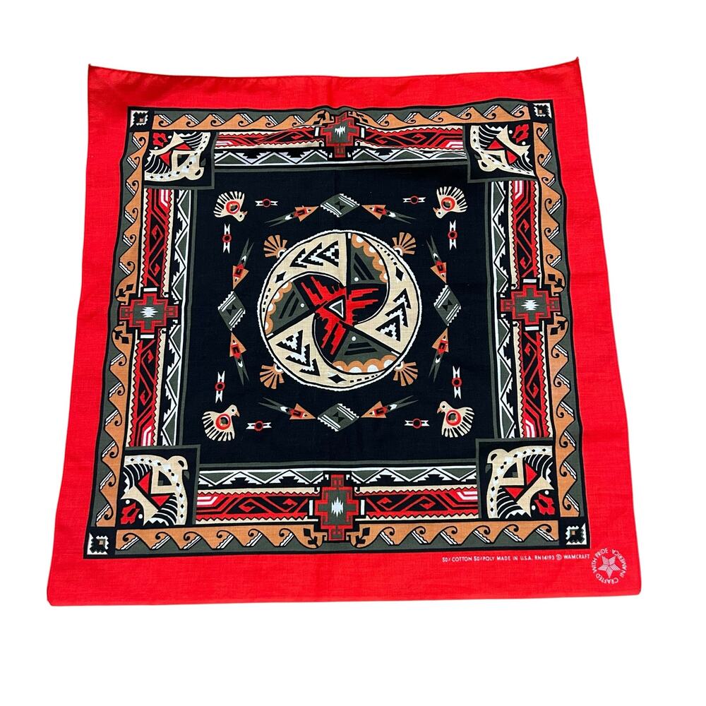Vintage 80s Southwestern Native American Bandana Scarf Red USA 21x22 ^